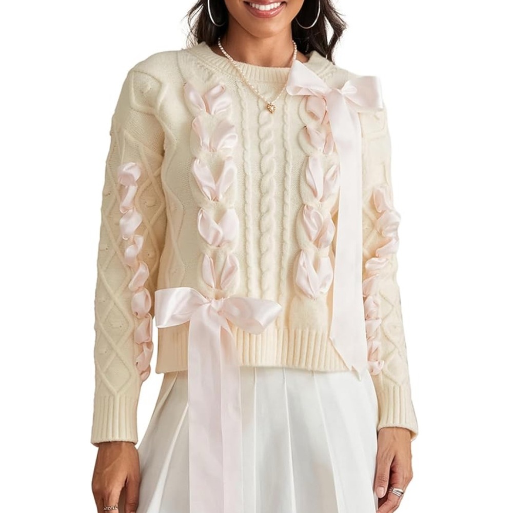 Cream Sweater with Ribbon Bows